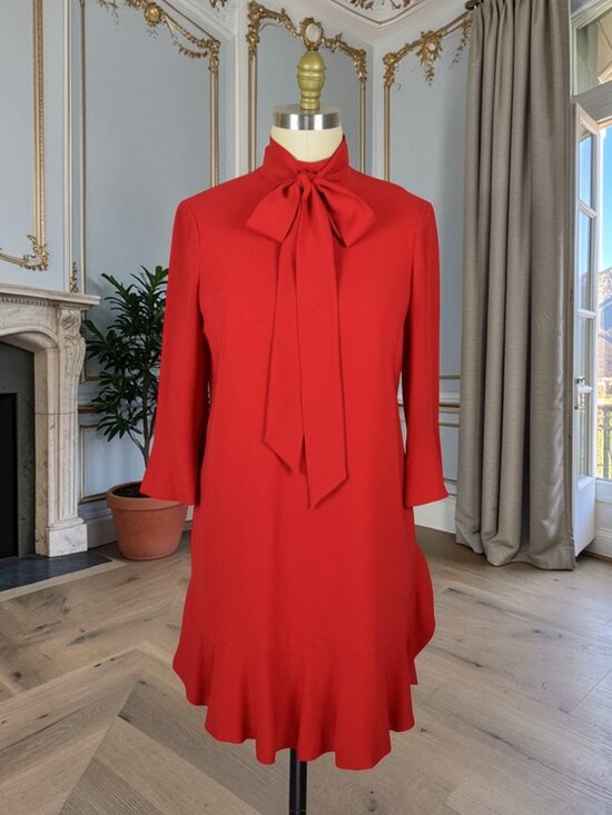 KAREN MILLEN HIGH NECK RED FLOUNCE HEM DRESS - Picture 2 of 9